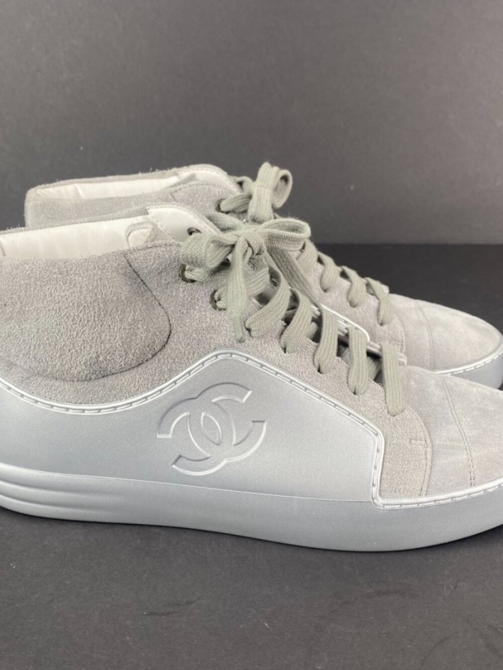 Chanel Grey Silver Suede Rubber CC High Top Sneakers Size 37.5